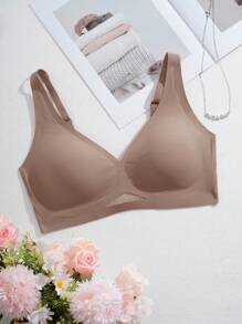 SHEIN 女士无缝无钢圈文胸，果冻柔软支撑简约性感镂空网眼休闲舒适罩杯文胸，单件 - 摩卡棕 - 查看 8