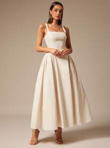 Silquee Women's Solid Color Pleated Design Square Neck Sleeveless Elegant Mid-Length Dress Cream Dress A Line Formal Dress Ankle Length Dress Ivory Dress Suitable For Daily, Dating, Going Out, Nightclub, Party, Autumn, Women's Summer Dresses, Tea Party Dresses