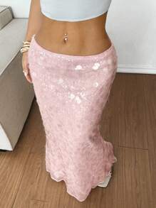 SHEIN EZwear Falda elegante de mujer con cola de sirena y lentejuelas de unicolor - Rosa - Ver 5