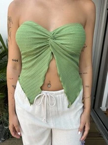 Lucia Bellido 女士度假黄色针织纹理扭纹前开衩下摆短款上衣，适合下午茶、街头、度假、秋冬分层或派对穿着 - 綠色 - 查看 3