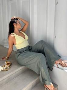NegzBox Calça Larga de Cintura Amarrada em Cor Sólida Casual para Férias - Verde Oliva - Visão 4