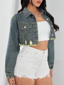 SHEIN ICON 女式长袖单排扣休闲短款牛仔夹克 - 深色水洗藍 - 查看 4