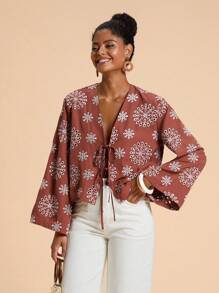 Travachic Braune Boho-Webbluse mit Allover-Print und Bischofsärmeln, lässiges Urlaubshemd mit ausgehöhlter Stickerei und ausgestellten Ärmeln zum Binden, Herbstkleidung für Damen, Herbstkleidung, Herbstoutfits für Damen, Konzertoutfits für Damen, Hemden für Damen, Ausgehoberteile für Damen, Langarm Top, Top zum Binden vorne, Boho-Oberteile für Damen, Bluse zum Binden vorne, Boho-Blusen, Wickeloberteile für Damen, lässiger Damenstil, Herbstoutfits für Damen, schicker Herbst, Ausgehoutfit, Country-Stil für Damen