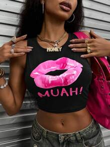 INAWLY Áo ba lỗ in hình môi ngắn thời trang cho mùa hè Áo phông họa tiết cho nữ - màu đen - Xem 4