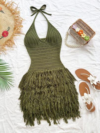 Soleia Women's Vacation Knit Textured Fabric Tassel Halter Mini Dress, Sexy Party Date Beach Holiday Summer Outfit, Suitable For Holiday Date, Afternoon Tea, Wedding Season, Beach Cruise Vacation, City Road Trip Vacation, Boho Vacation, Music Festival