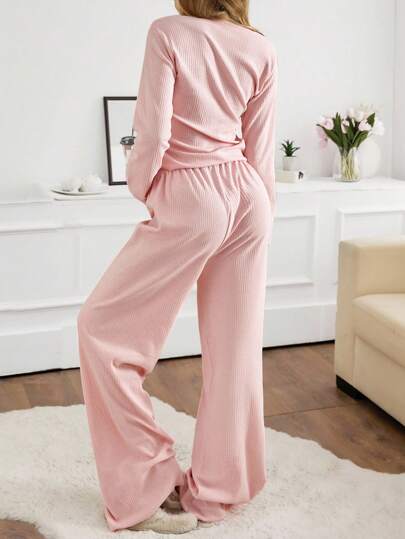 EURM Women Rib Knit Round Neck Long Sleeve Top Pants Homewear Com Lounge Set Pajama Sets Wear Comfy Pyjama view 2