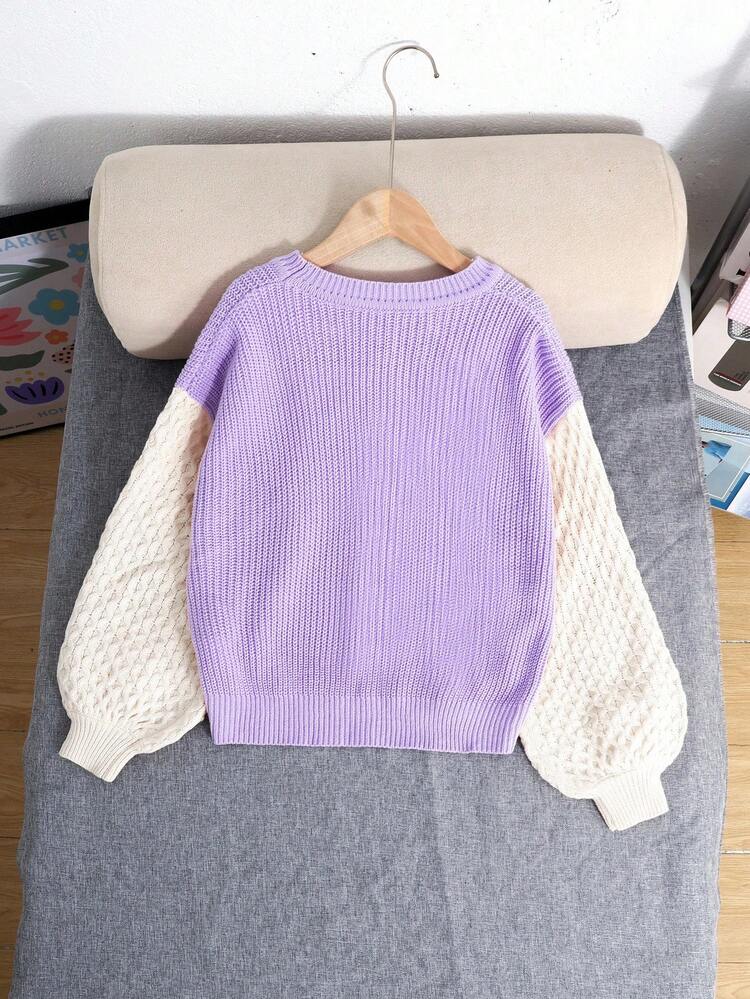 SHEIN Tween Girl Loose Casual Patchwork Drop Shoulder Crew Neck Handmade 3D Flower Purple Sweater Jumper Lilac Pink Blue,Autumn,Cute,School,Back-To-School - Mauve Purple - View 2