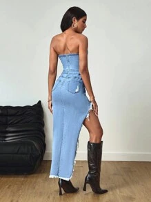 SHEIN Tall 女式高腰弹力做旧水洗牛仔连衣裙 - 中等水洗藍 - 查看 2