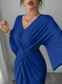 Elenzga Elegant Knitted High Elasticity Batwing Sleeve V-Neck Twist Design Women's Mid-Length Dress