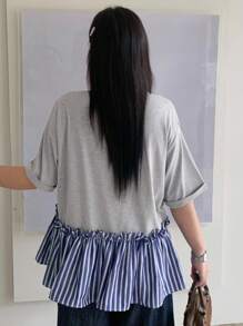 Dazy Plus Contrast Color Block Striped Round Neck Loose Short Sleeve Casual T-Shirt For Girls, Early Autumn - Grey - View 2