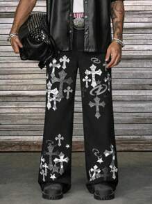 AXEPEAK Quần ống rộng túi họa tiết chữ thập sáng bóng dành cho nam - màu đen - Xem 5