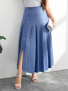 Modelyn Plus Size High Waist A-Line Pleated Skirt, Versatile Vintage Style, Flattering, Spring/Summer - Blue - View 4