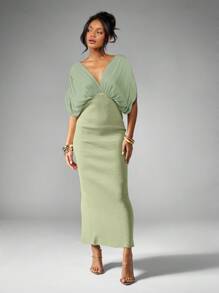 MISSGUIDED 优雅垂坠低领蝙蝠袖长裙，高腰侧开衩罗纹晚会婚礼宾客夏季春季 - 薄荷綠 - 查看 5