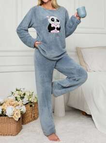 RueChic 2Pcs Pelush Panda Embroidery Detail PJ Set - Blue - View 4