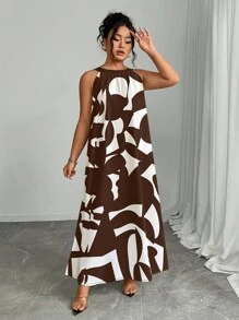 SHEIN Plus Size Women's Elegant All-Over Print Loose Halter Dress, Summer - Brown - View 5