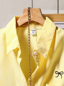 少女休闲条纹蝴蝶结刺绣衬衫 - 黃色 - 查看 5