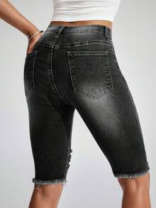 SHEIN LUNE Women's Fashionable Ripped Pocket Denim Bermuda Shorts - Multicolor - View 2