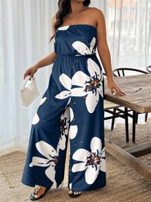 EMERY ROSE Plus Size Women Floral Print Bandeau Jumpsuit, Perfect For Vacation - Multicolor - View 3