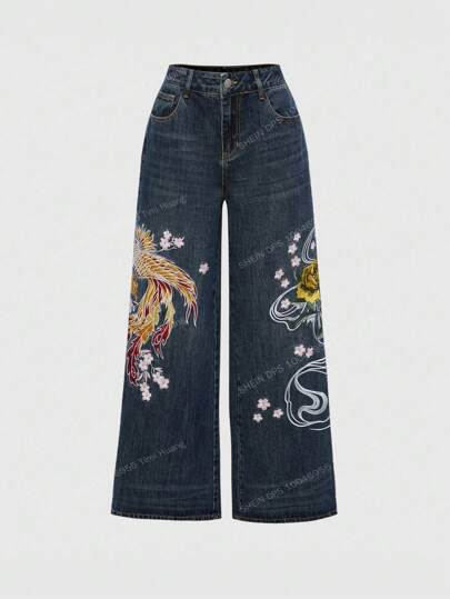 Fairycore Vintage Y2K Streetwear Chinese Dragon & Peony Embroidery Loose Wide Leg Jeans, Unisex