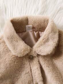 SHEIN 女童秋冬外套，时尚可爱百搭优雅蝴蝶结领蓬松连帽贝雷帽 - 卡其色 - 查看 5