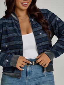 Comfylo Plus Size Women Striped Glitter Baseball Jacket In Fall/Winter - Blue - View 7