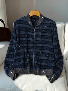 Comfylo Plus Size Women Striped Glitter Baseball Jacket In Fall/Winter - Blue - View 8