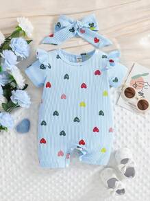 SHEIN Baby Girls' Comfortable Printed Romper, Summer - Blue - View 3