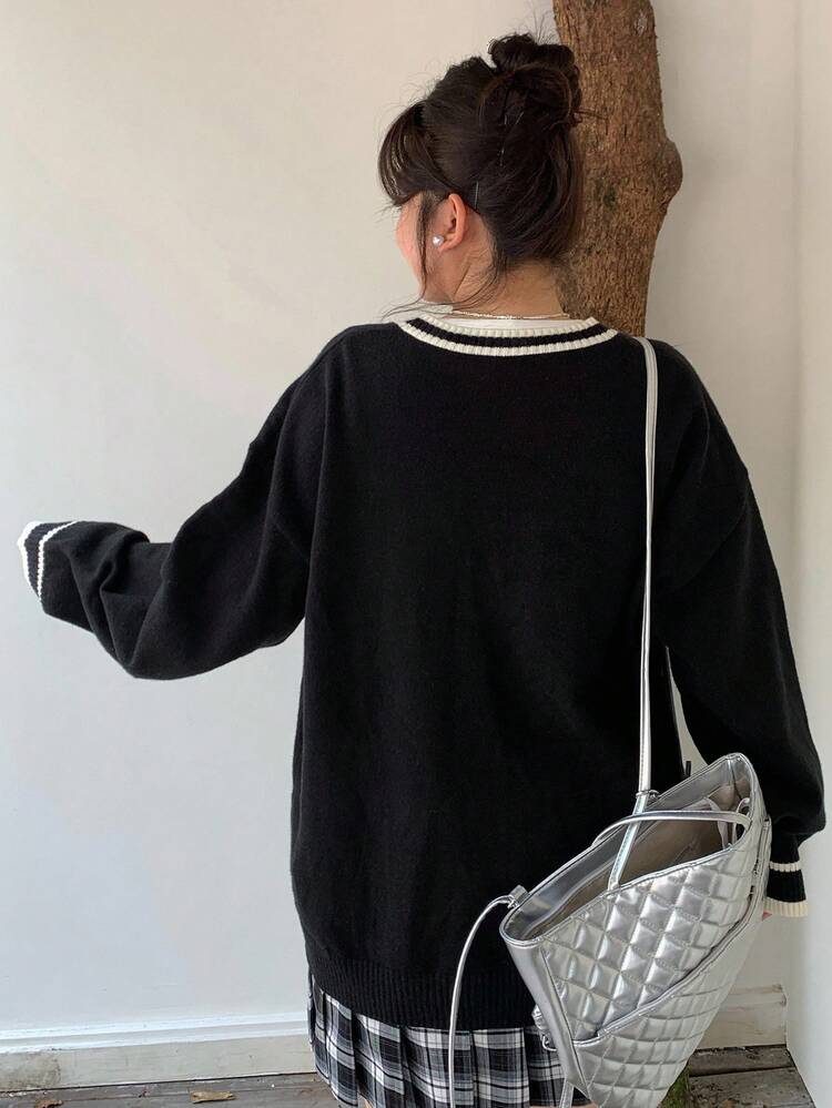 Dazy Plus Autumn Cardigan Colorblock V-Neck Loose Bow Decor Casual Plus Size Knit Sweater For Women Jacket