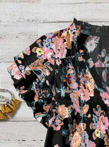 Breezaya 女士粉色度假花卉印花V领荷叶边短袖宽松衬衫 - 黑色 - 查看 4