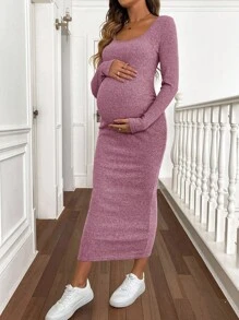 SHEIN Vestido largo de maternidad casual de unicolor y ajuste ceñido - Rosa - Ver 3