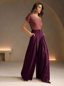 Anewsta Quần ống rộng nữ, Quần âu màu nâu cà phê, Quần ống loe rộng rãi, Phong cách thanh lịch cho mùa thu/đông - Màu Lilac Tím - Xem 3