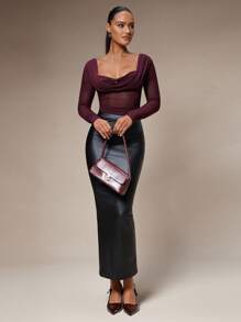 Silquee Women's Solid Color Plunging Neck Long Sleeve Fitted Fashionable Mesh Blouse See Through Top Mesh Top Top Long Sleeve Top