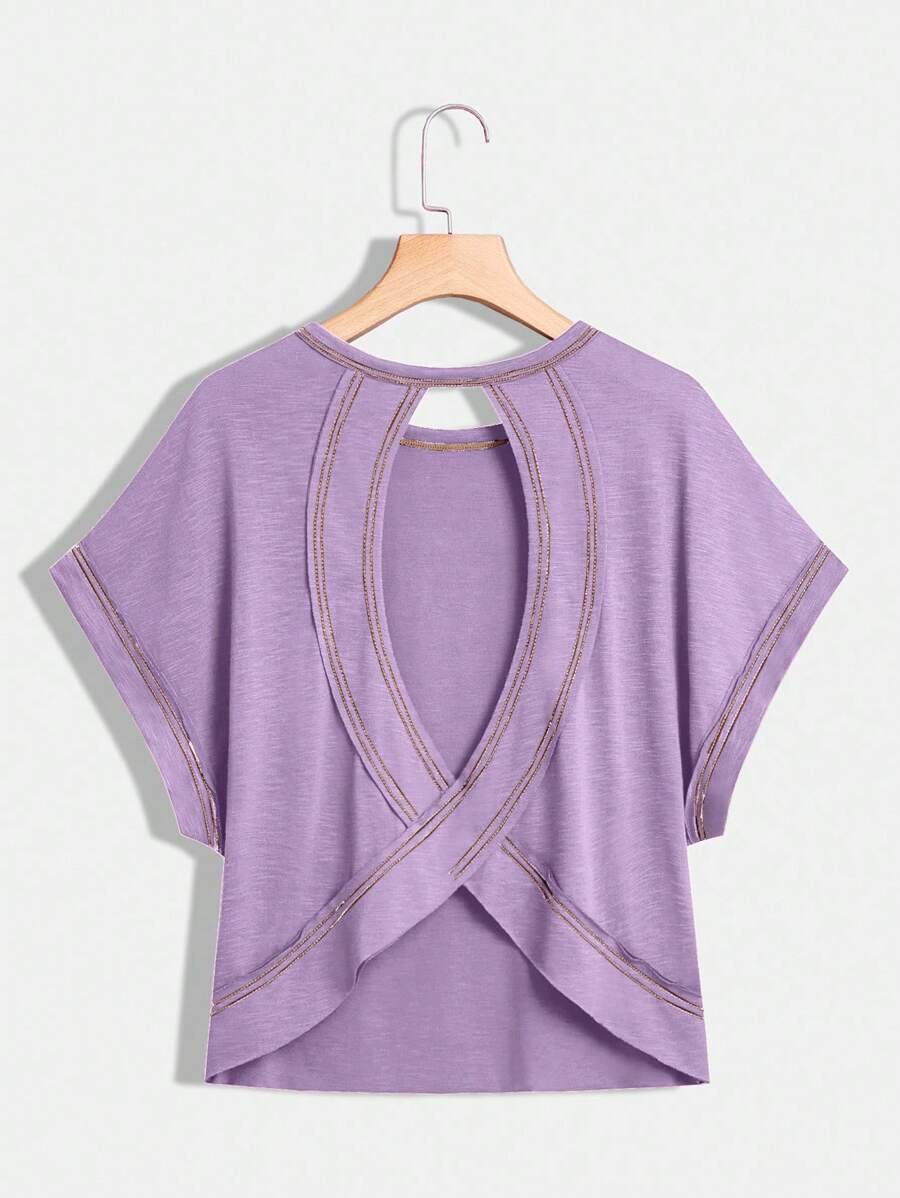 SHEIN Essnce Plus Size Women's Spring And Summer Fashion Casual Comfortable Loose Daily Purple Backless Short-Sleeved T-Shirt,Summer For Women,Going Out Tops,Y2k,Concert Women,Backless Top,Streetwear,Open Back Top - Lilac Purple - View 1