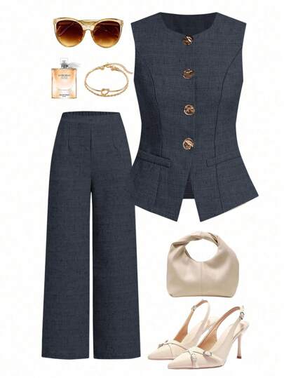 Ellevyn Women's Sleeveless Vest With Metal Button Closure, Suitable For Commuting