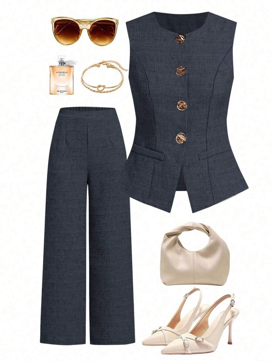 Ellevyn Women's Sleeveless Vest With Metal Button Closure, Suitable For Commuting - Navy Blue - View 1