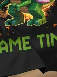 SHEIN Tween Boy Casual Simple Short Sleeve Round Neck T-Shirt, Suitable For Summer Boys Gaming Shirts Pixelated Dinosaur Shirt Block Game Shirt Game Time Shirt - Multicolor - View 5