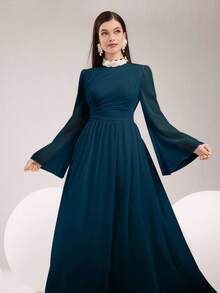 Modelyn 女士优雅派对珍珠缀饰喇叭袖连衣裙 - 水鴨藍 - 查看 4