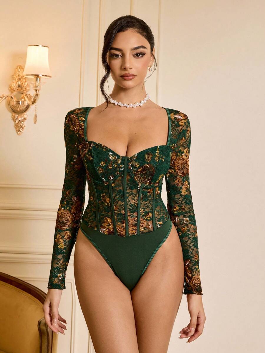 Allurite Ladies' Lace Patchwork Sweetheart Collared Bodysuit Fall Cloth For Women - Green - View 1