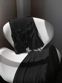 GalTyme Bộ đồ đôi nữ cỡ lớn, kiểu dáng thường ngày, đơn giản, màu trơn, cổ chữ V, thắt nơ phía trước, không tay, vạt peplum và quần ống rộng, thích hợp cho mùa xuân/hè. - màu đen - Xem 11