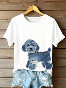 EMERY ROSE Cute Dog & Denim Print Pattern Women's Round Neck T-Shirt