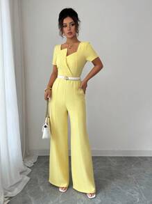 Selianne Mono de unicolor con textura y cuello en V para mujer, elegante para ir al trabajo y uso diario - Amarillo - Ver 6