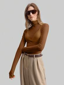 Ontre 2026 Spring/Summer New Women's Sheer Mesh Turtleneck Top, Minimalist Versatile Business Casual Office Wear - Brown - View 3