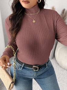 SHEIN Frenchy 女式加大码修身高领罗纹面料长袖 T 恤，百搭优雅纹理上衣加大码秋季上衣女式秋季上衣淡紫色上衣棕色高领上衣 - 藕粉色 - 查看 4
