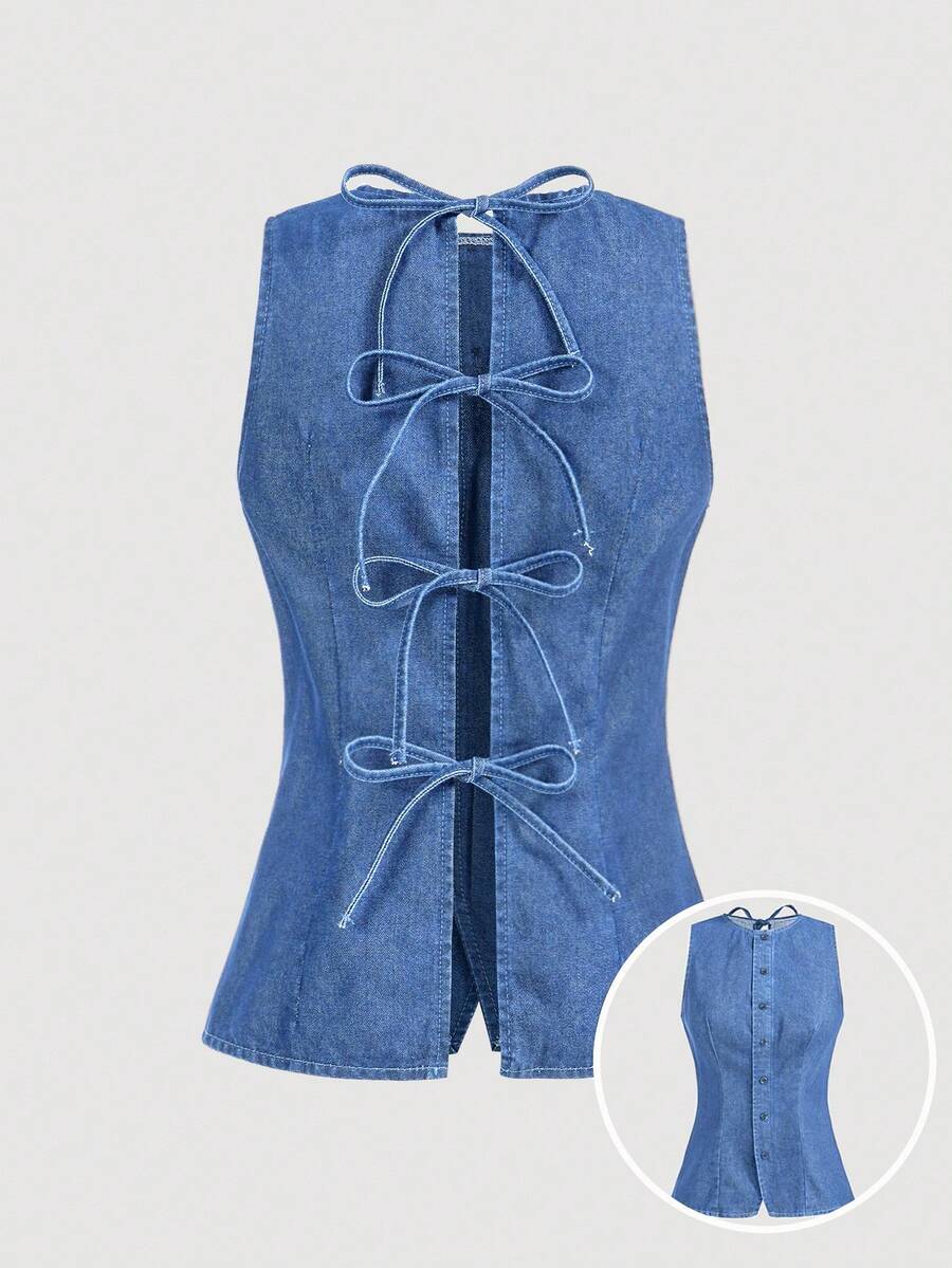 SHEIN MOD 女士无袖休闲修身系带牛仔上衣 - 中等水洗藍 - 查看 1