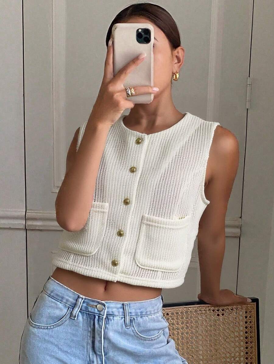 DAZY Women's Casual Sleeveless Solid Color Round Neck Fitted Jacket, Autumn Vest - Beige - View 1