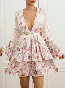 Aveloria Rosie فستان قصير بأكمام طويلة وياقة على شكل حرف V مطبوع بزهور، مع أساور وحافة مطوية، تصميم مشدود للخصر، مناسب للخروجات اليومية والمواعيد - متعدد الألوان - مشاهدة 1