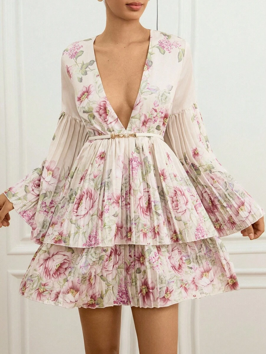 Aveloria Rosie فستان قصير بأكمام طويلة وياقة على شكل حرف V مطبوع بزهور، مع أساور وحافة مطوية، تصميم مشدود للخصر، مناسب للخروجات اليومية والمواعيد - متعدد الألوان - مشاهدة 1