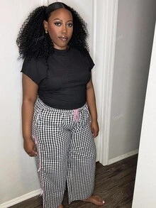 Truni Calça Pantalona de Perna Larga com Laço em Contraste em Xadrez Preto e Branco, Plus Size, Casual