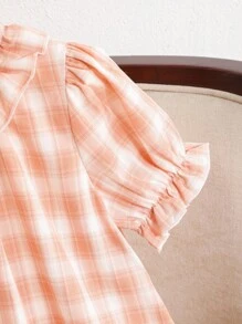 SHEIN Dozemod Tween Girl 青少年女孩简约韩版格纹荷叶边领泡泡袖长款宽松梭织睡袍 - 彩色 - 查看 3