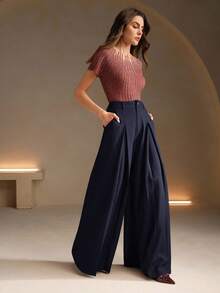 Anewsta 女款阔腿裤咖啡棕色西装裤宽松休闲喇叭裤版型优雅垂坠感适合秋冬 - 寶藍色 - 查看 3